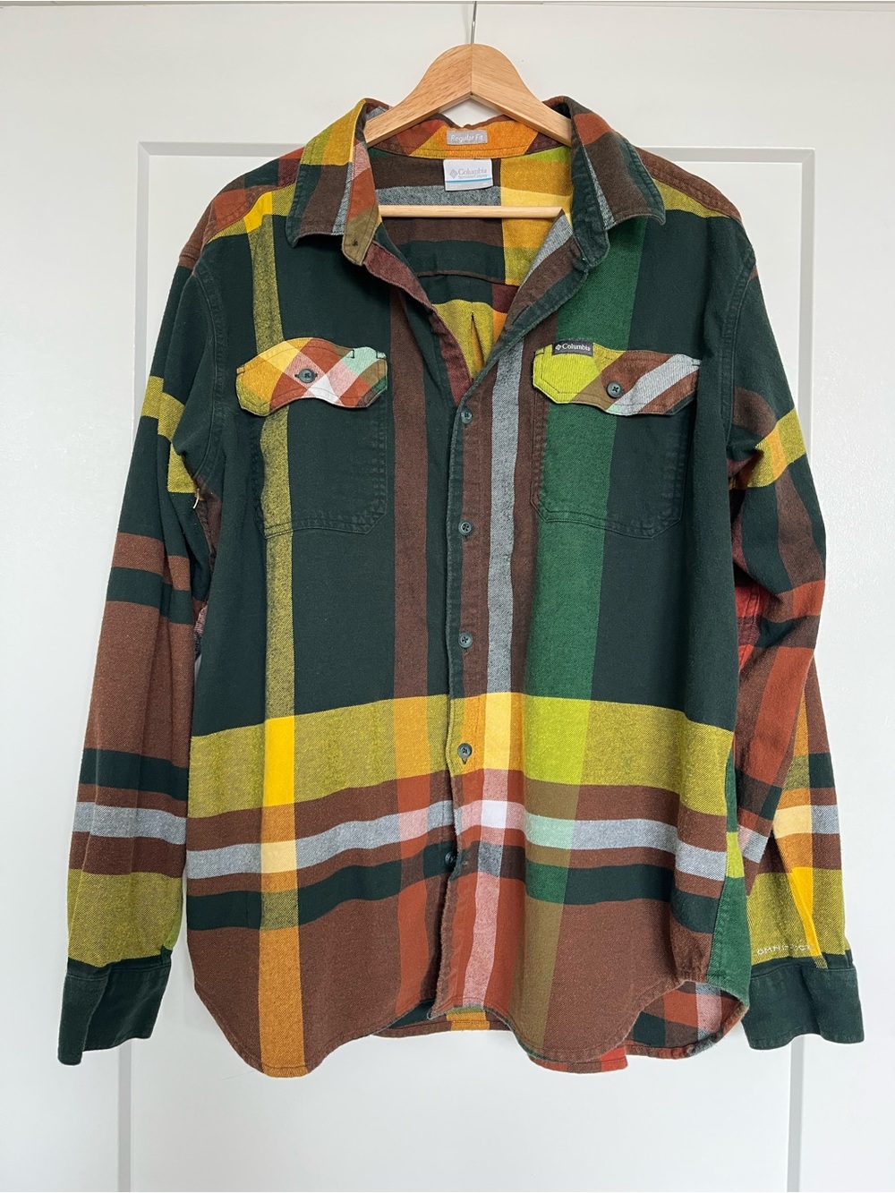 Men’s Columbia Omni-Wick Plaid Flannel Button Down Shirt Green Brown Size XL